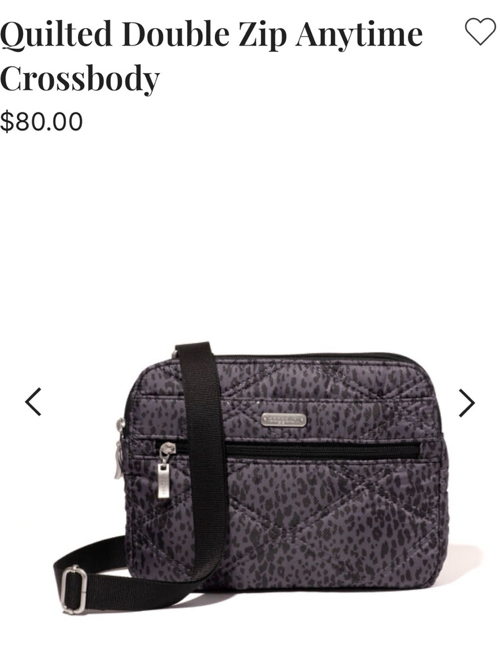 Baggallini Quilted Double Zip Anytime Crossbody in Charcoal Snakeskin Quilt